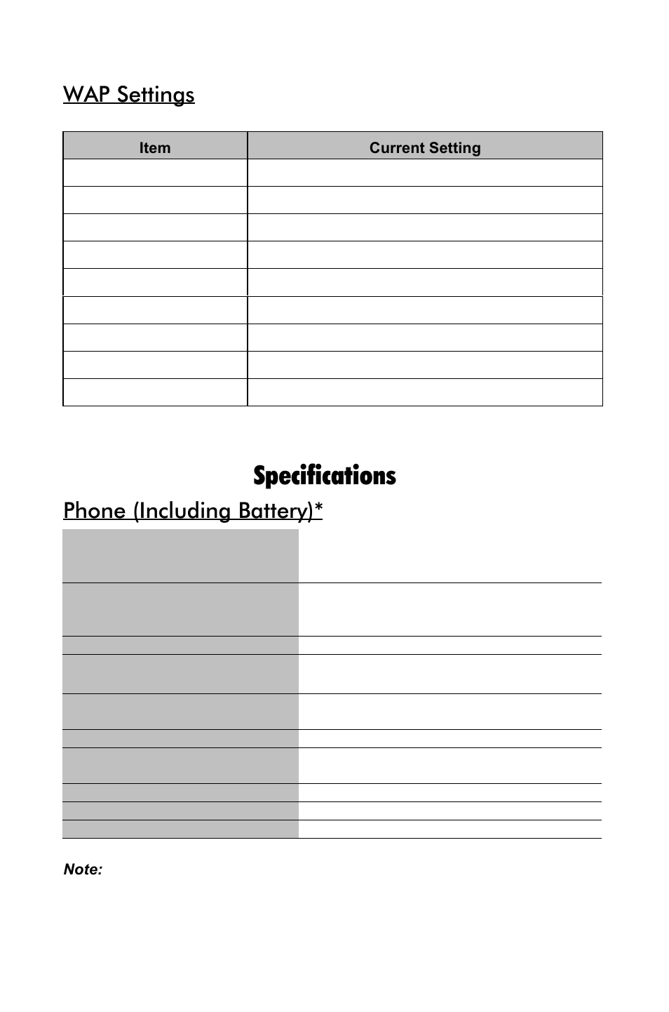 Specifications, Wap settings, Phone (including battery) | Panasonic EB-GD55 EN User Manual | Page 32 / 36