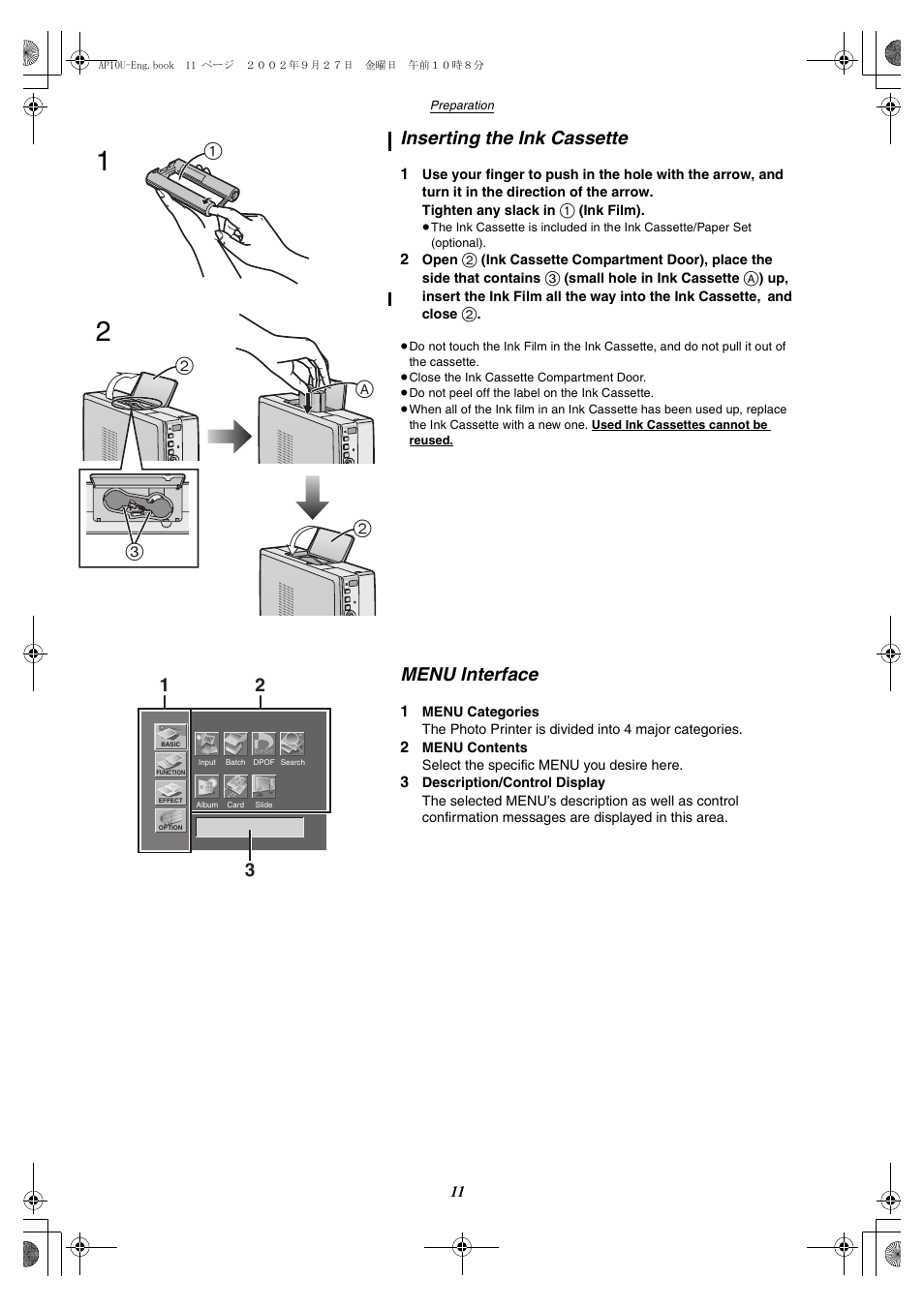 Inserting the ink cassette, Menu interface, A2 2 3 | Panasonic SV-AP10U User Manual | Page 11 / 56