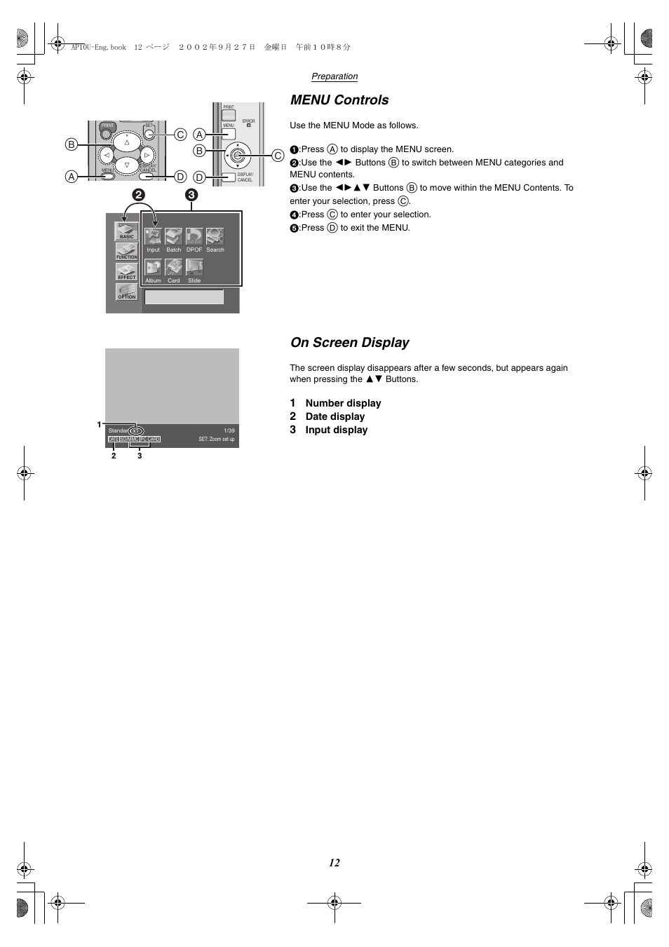 Menu controls, On screen display, Ba d c | Ca d b | Panasonic SV-AP10U User Manual | Page 12 / 56