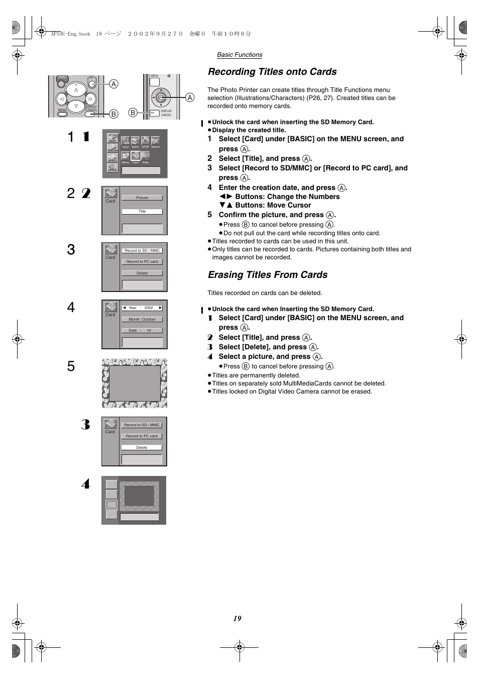 Recording titles onto cards, Erasing titles from cards | Panasonic SV-AP10U User Manual | Page 19 / 56