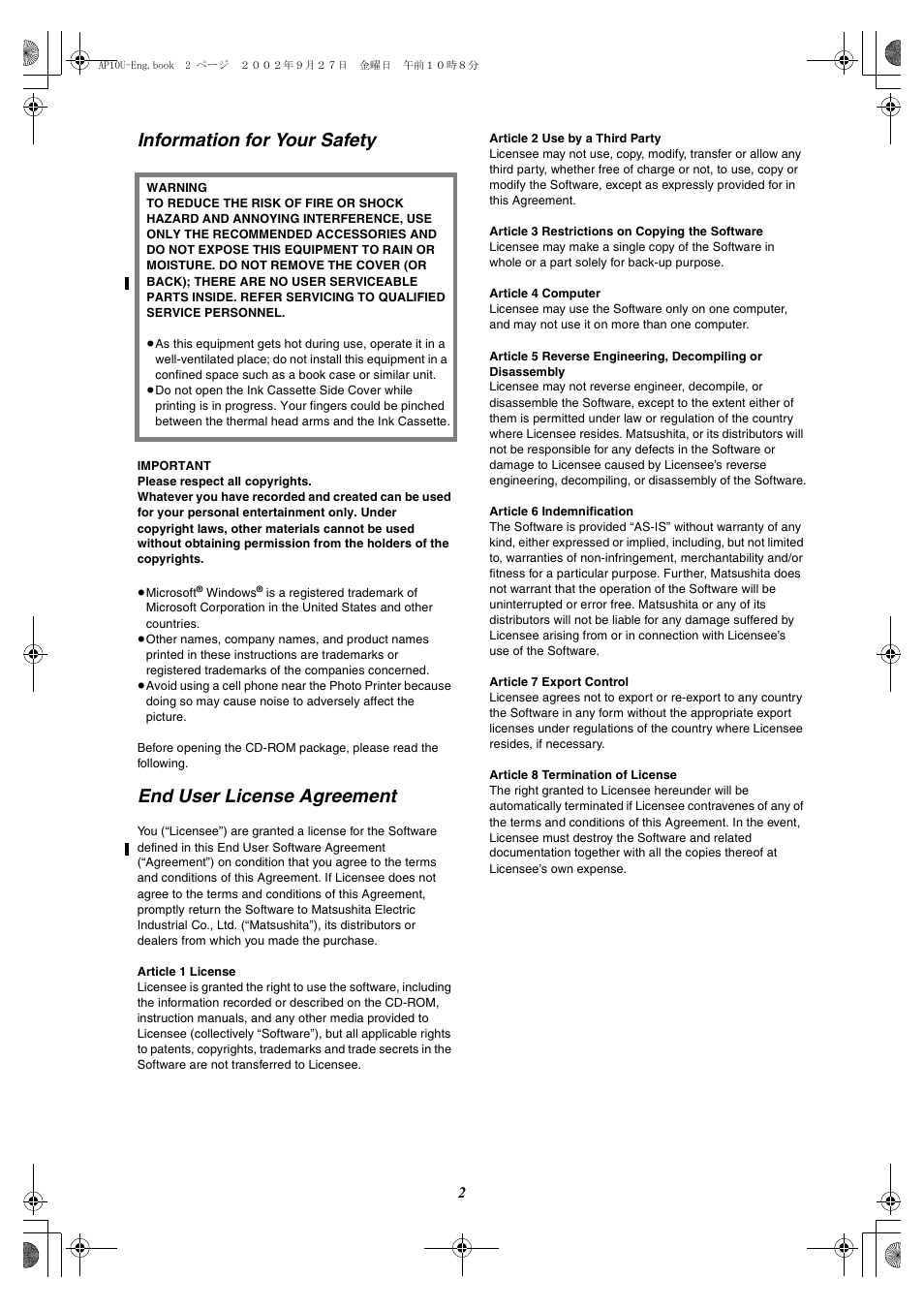 Information for your safety, End user license agreement | Panasonic SV-AP10U User Manual | Page 2 / 56