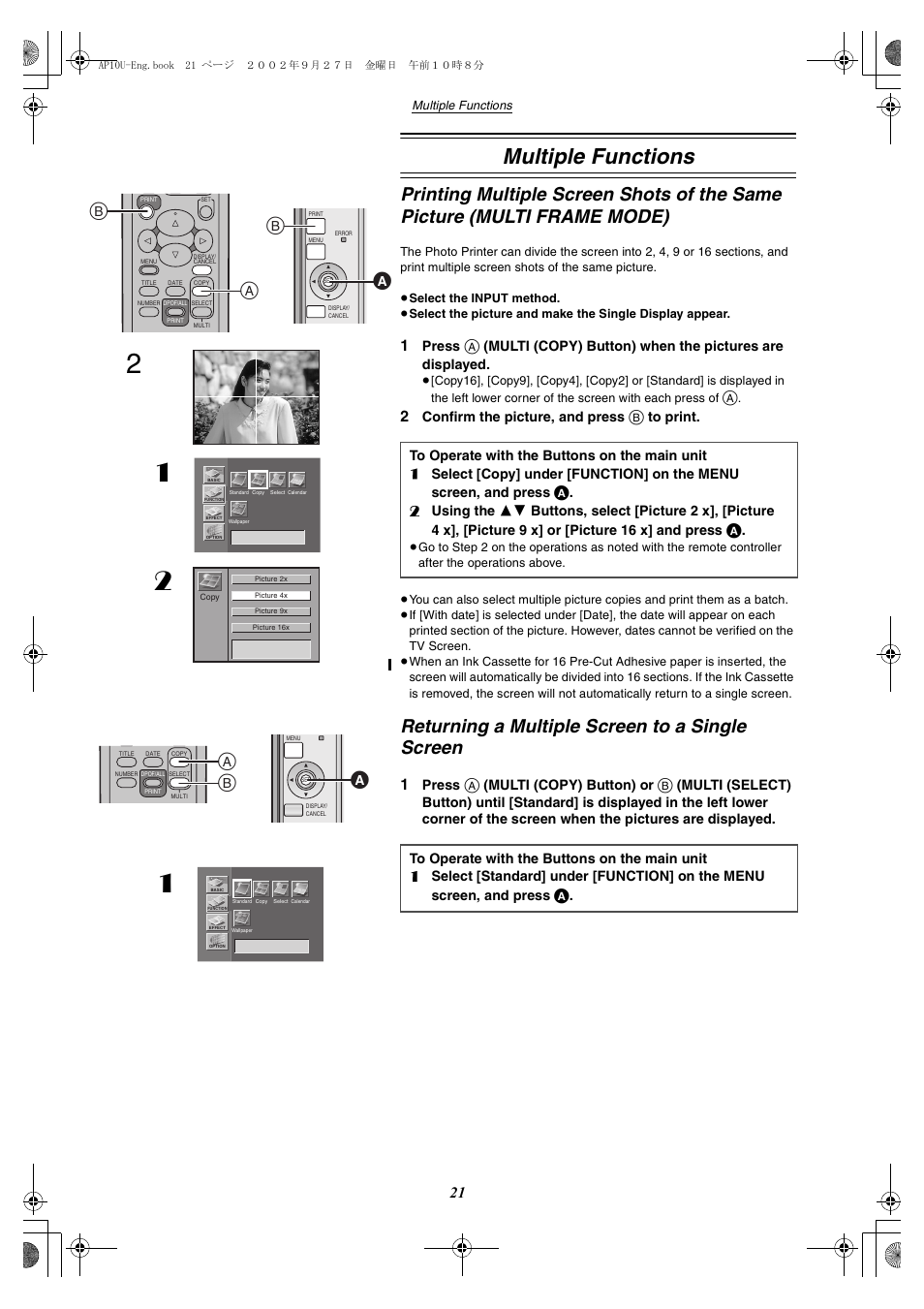 Multiple functions, Returning a multiple screen to a single screen | Panasonic SV-AP10U User Manual | Page 21 / 56