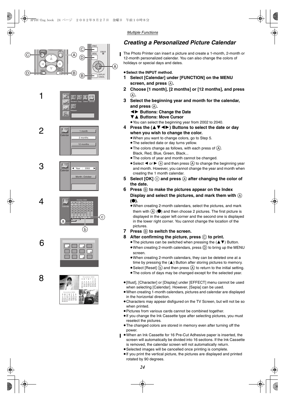 Creating a personalized picture calendar, Cd a b, Ac d b | Cb a, Select [ok, And press, After changing the color of the date, Press, After confirming the picture, press | Panasonic SV-AP10U User Manual | Page 24 / 56