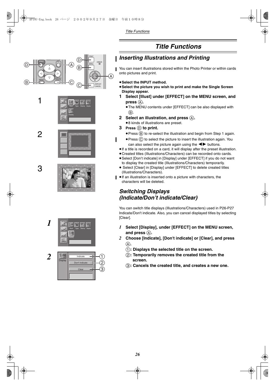 Title functions, Inserting illustrations and printing, Switching displays (indicate/don't indicate/clear) | Switching displays (indicate/don’t indicate/clear), Db c a, Ad b c | Panasonic SV-AP10U User Manual | Page 26 / 56