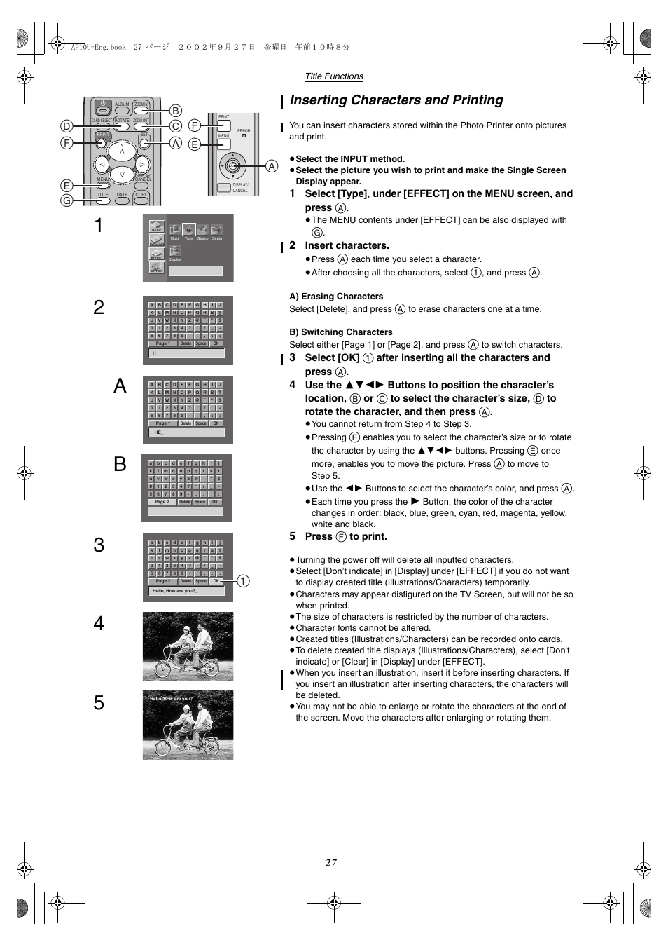 Inserting characters and printing, Ab 5, Af e | Insert characters, Select [ok, After inserting all the characters and press, Title functions, Press, And press, A) erasing characters select [delete], and press | Panasonic SV-AP10U User Manual | Page 27 / 56