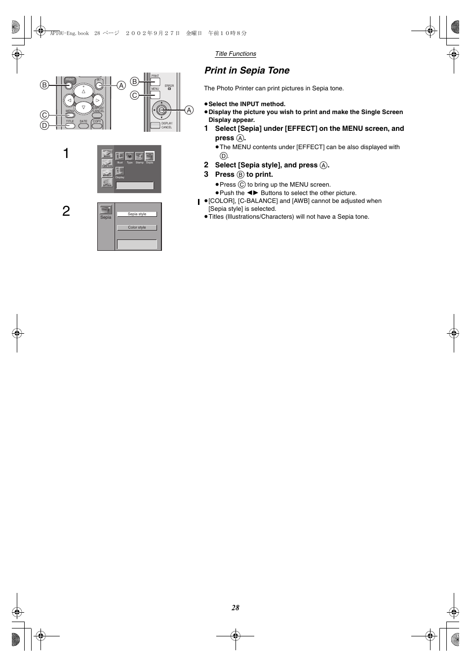 Print in sepia tone, Bc d a, Ab c | Panasonic SV-AP10U User Manual | Page 28 / 56