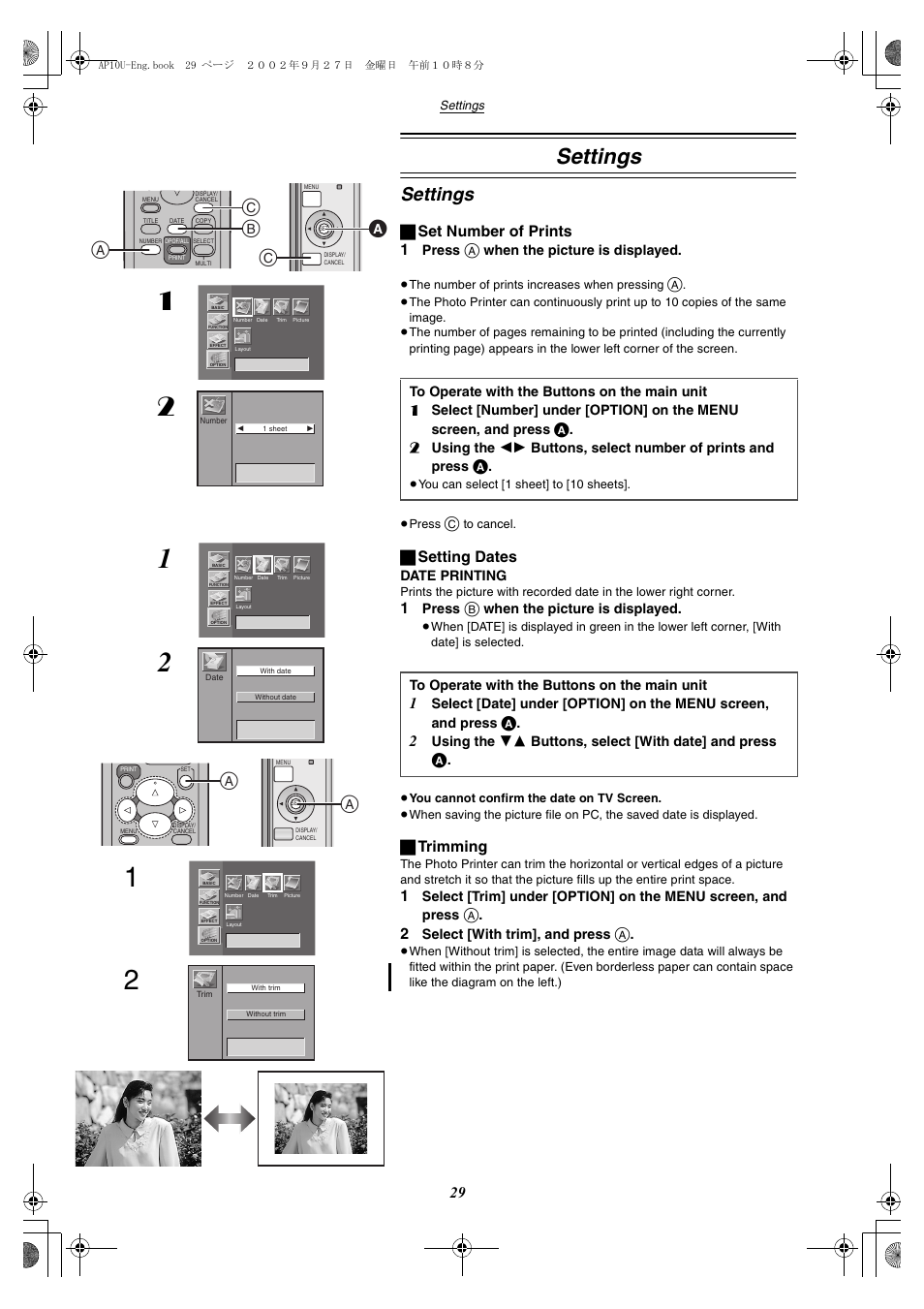 Settings, Ab c, ª set number of prints 1 | ª setting dates, ª trimming, Press, When the picture is displayed, Date printing, Select [with trim], and press, Using the 43 buttons, select [with date] and press | Panasonic SV-AP10U User Manual | Page 29 / 56