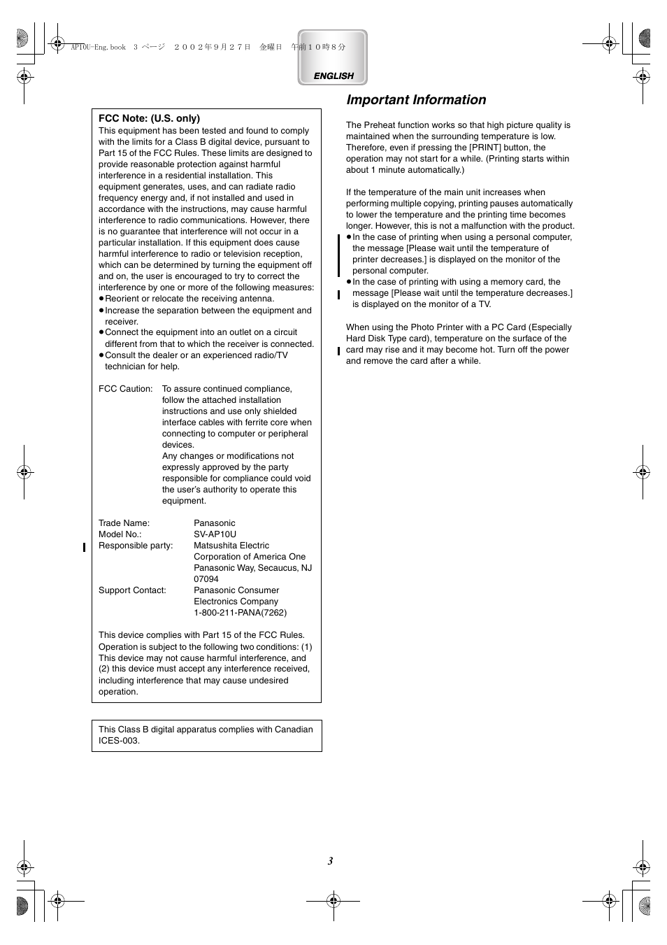 Important information | Panasonic SV-AP10U User Manual | Page 3 / 56