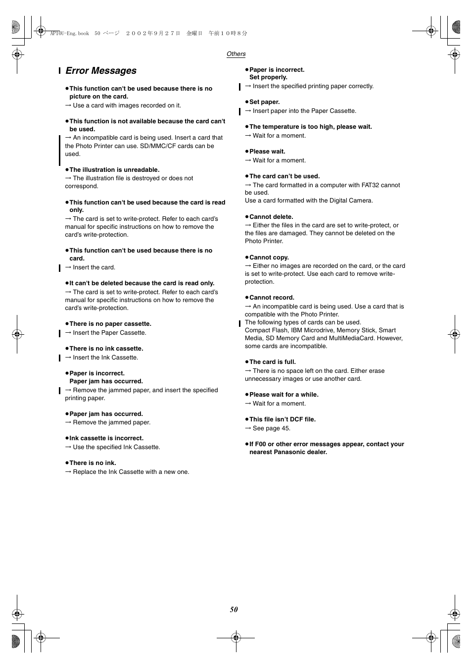 Error messages | Panasonic SV-AP10U User Manual | Page 50 / 56