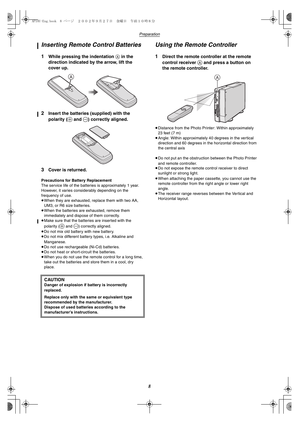 Inserting remote control batteries, Using the remore controller, Using the remote controller | Panasonic SV-AP10U User Manual | Page 8 / 56