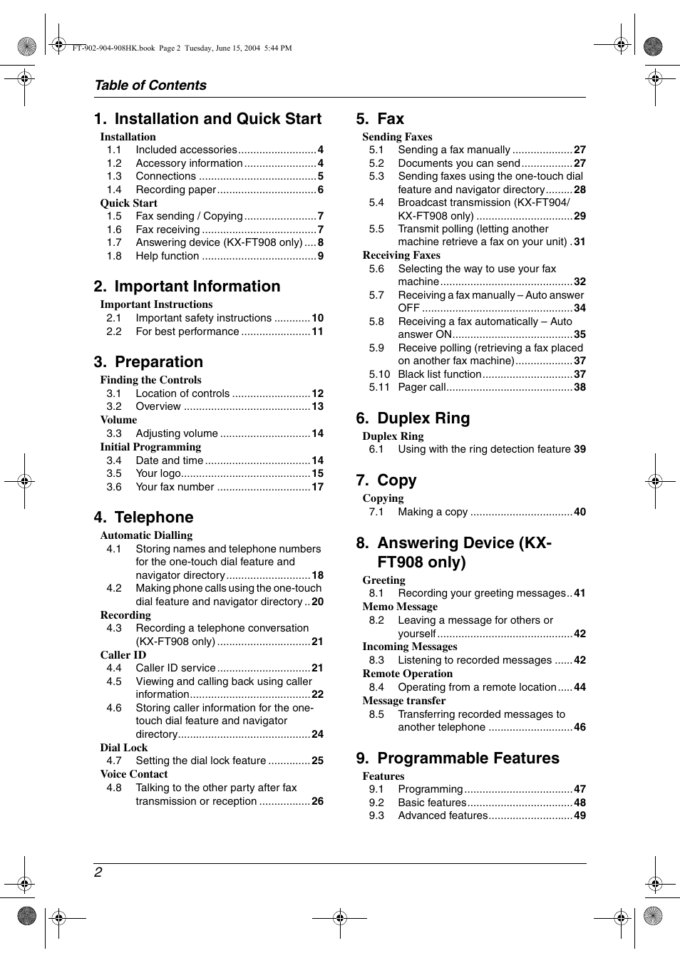 Installation and quick start, Important information, Preparation | Telephone, Duplex ring, Copy, Answering device (kx- ft908 only), Programmable features, Table of contents 2 | Panasonic KX-FT904HK User Manual | Page 2 / 20