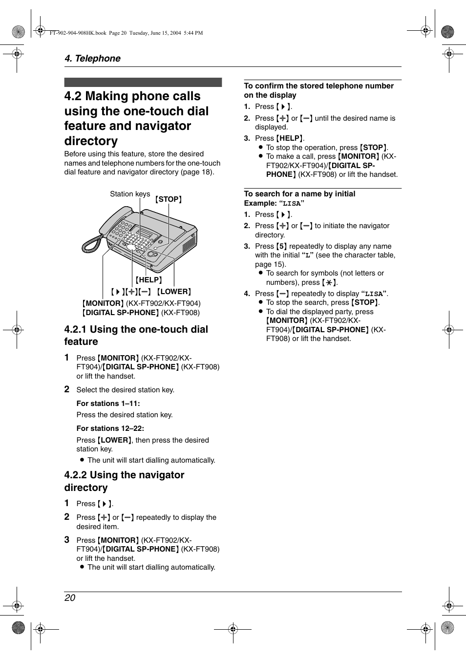 1 using the one-touch dial feature, 2 using the navigator directory | Panasonic KX-FT904HK User Manual | Page 20 / 20