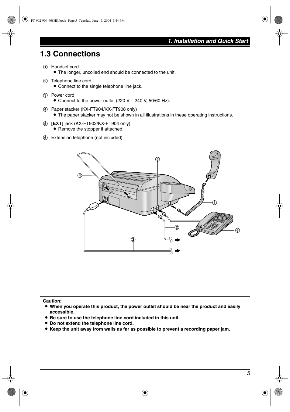 3 connections, Installation and quick start | Panasonic KX-FT904HK User Manual | Page 5 / 20