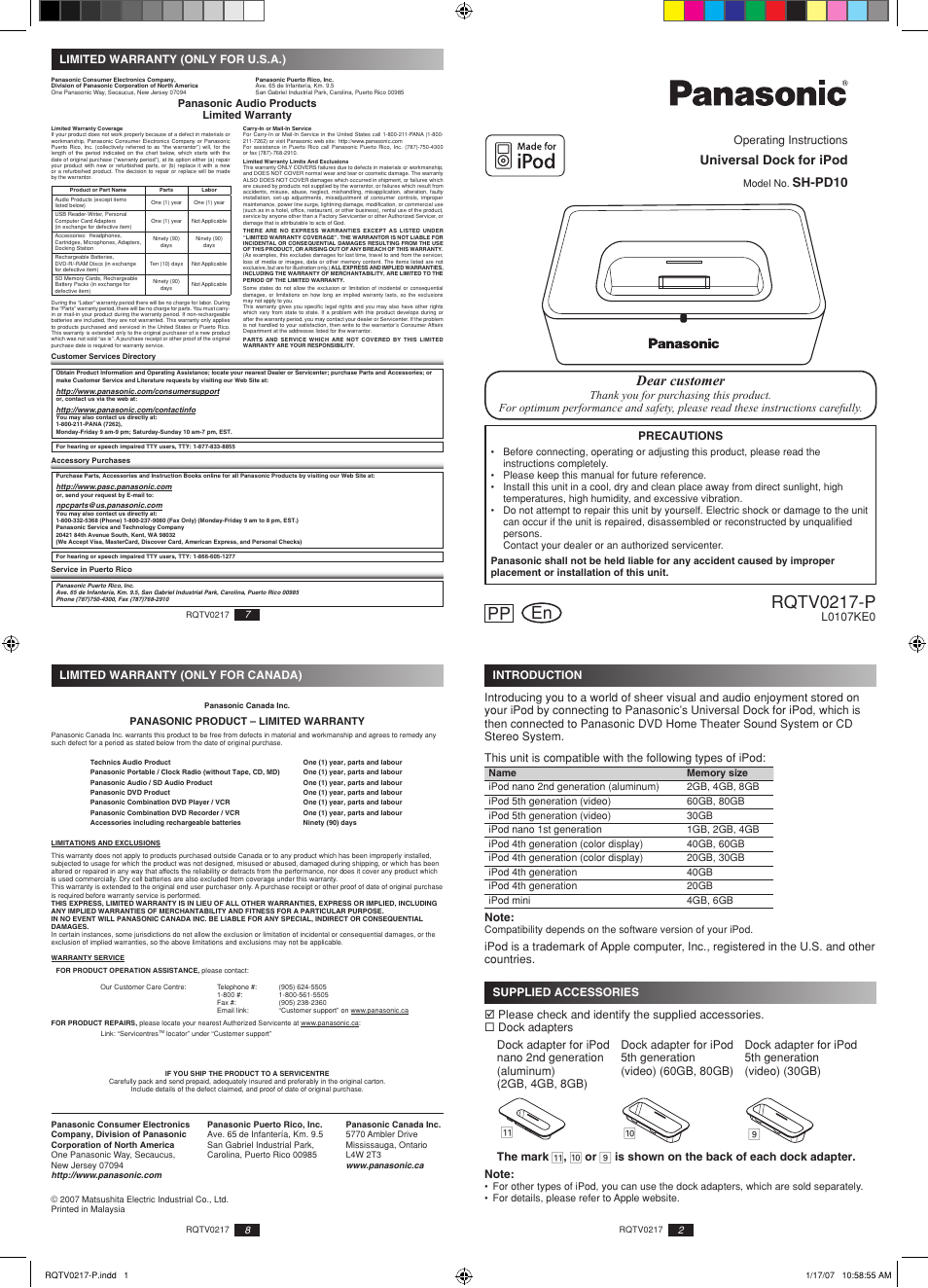 Rqtv0217-p, Pp en, Dear customer | Sh-pd10, Universal dock for ipod | Panasonic SH-PD10 User Manual | Page 2 / 8