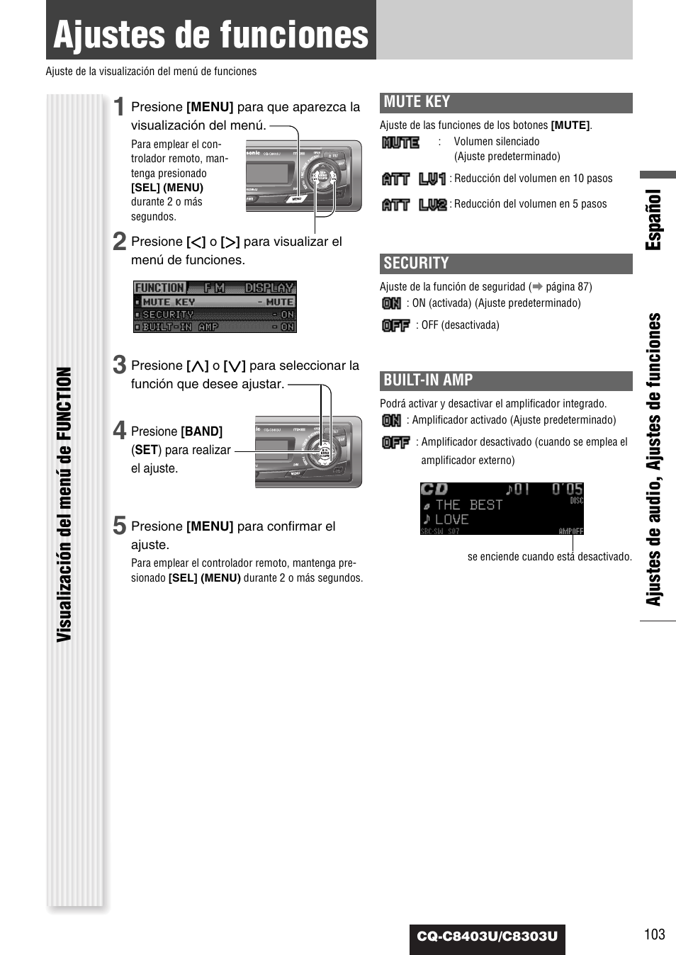 Ajustes de funciones, Español | Panasonic CQ-C8403U User Manual | Page 103 / 114