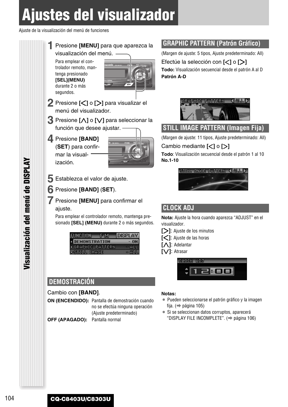 Ajustes del visualizador, Visualización del menú de displa y | Panasonic CQ-C8403U User Manual | Page 104 / 114