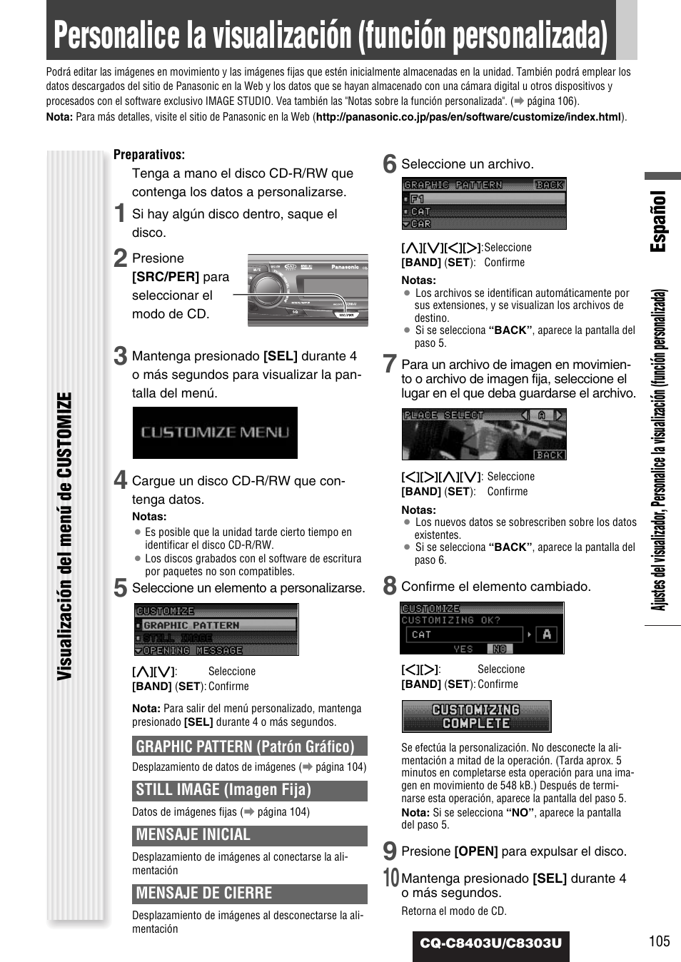 Personalice la visualizacion, Español, Visualización del menú de customize | Panasonic CQ-C8403U User Manual | Page 105 / 114