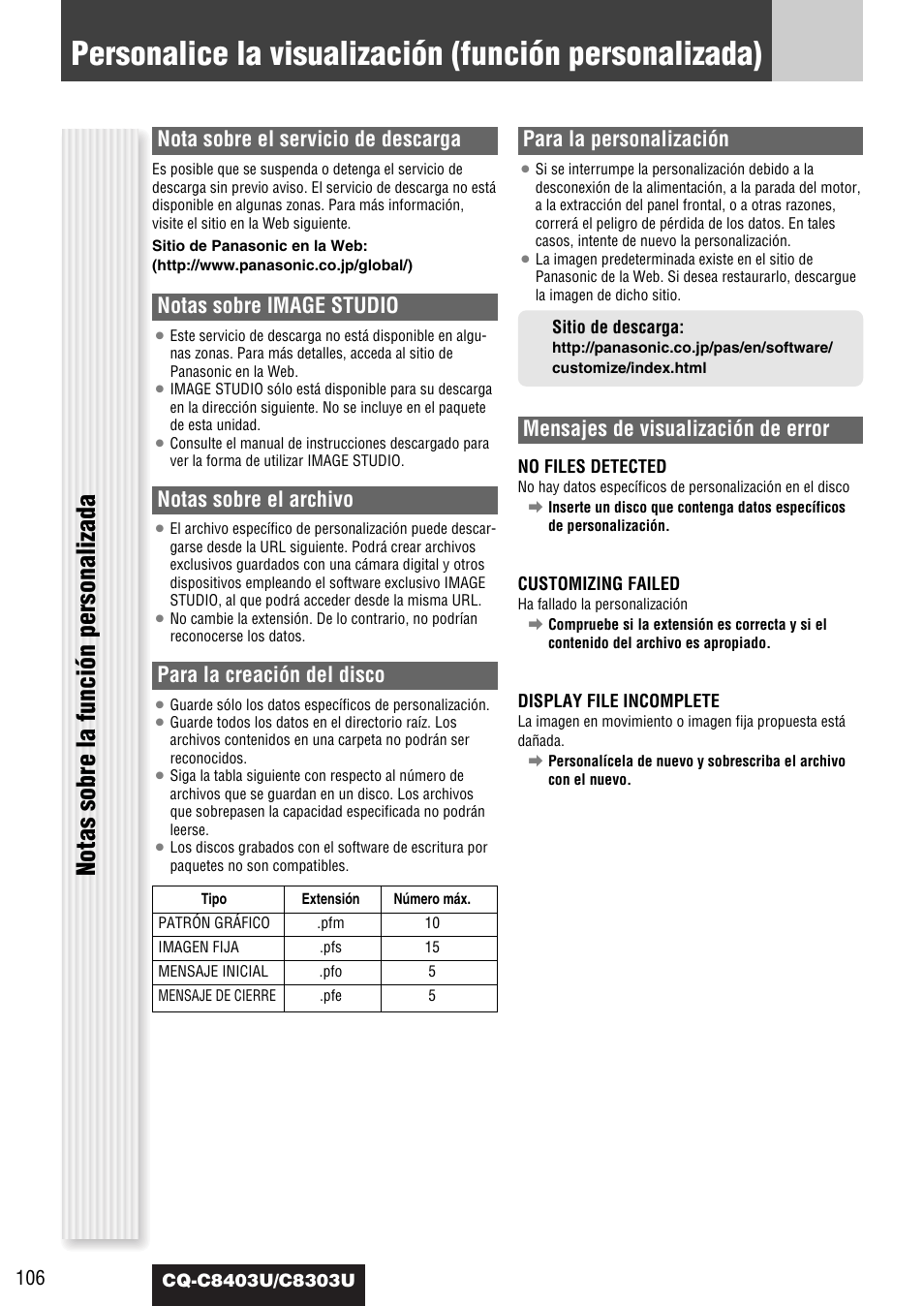 Notas sobre la función personalizada, Nota sobre el servicio de descarga, Notas sobre image studio | Notas sobre el archivo, Para la creación del disco, Para la personalización, Mensajes de visualización de error | Panasonic CQ-C8403U User Manual | Page 106 / 114