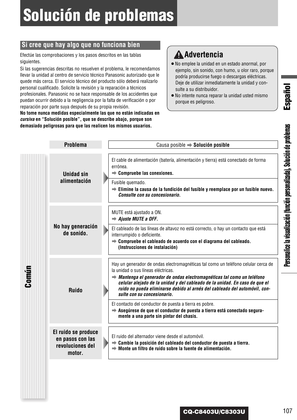 Solucion de problemas, Solución de problemas, Español | Advertencia, Común, Si cree que hay algo que no funciona bien | Panasonic CQ-C8403U User Manual | Page 107 / 114