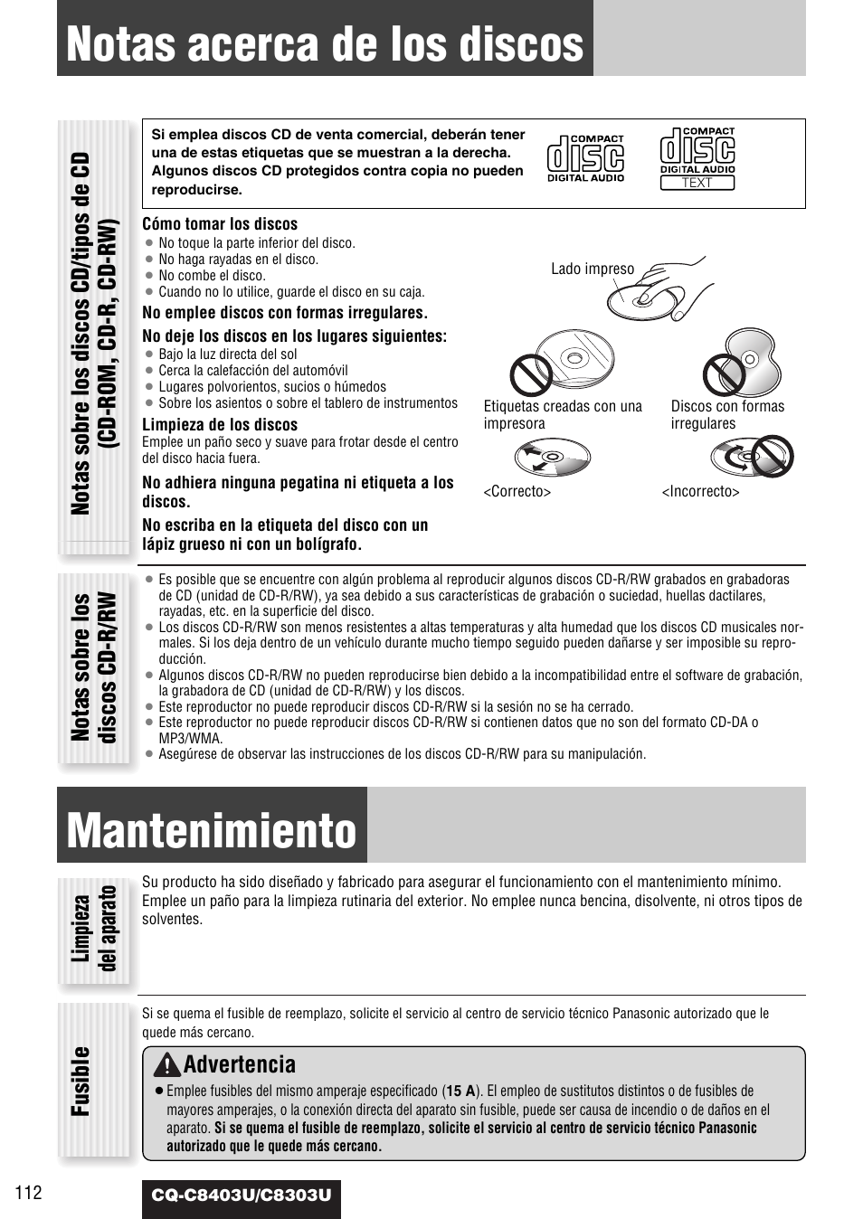 Notas acerca de los discos, Mantenimiento, Notas sobre los discos cd-r/rw | Limpieza del aparato fusible, Advertencia | Panasonic CQ-C8403U User Manual | Page 112 / 114