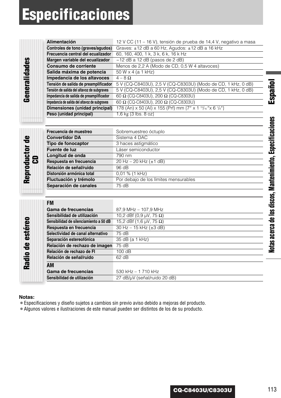 Especificaciones, Español, Generalidades reproductor de cd radio de estéreo | Panasonic CQ-C8403U User Manual | Page 113 / 114