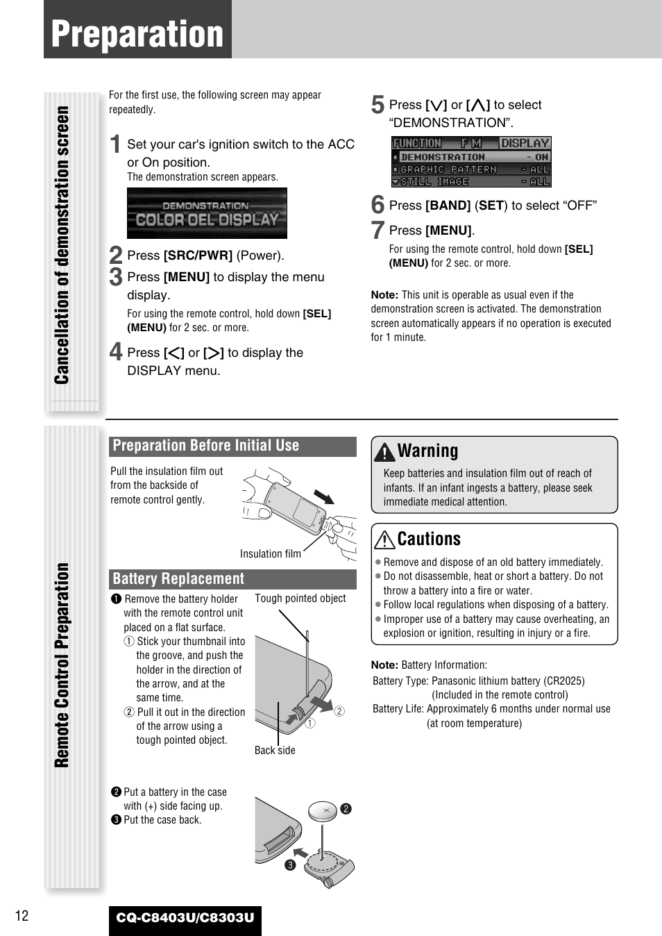 Preparation (clock adjustment etc.), Preparation, Cautions | Panasonic CQ-C8403U User Manual | Page 12 / 114