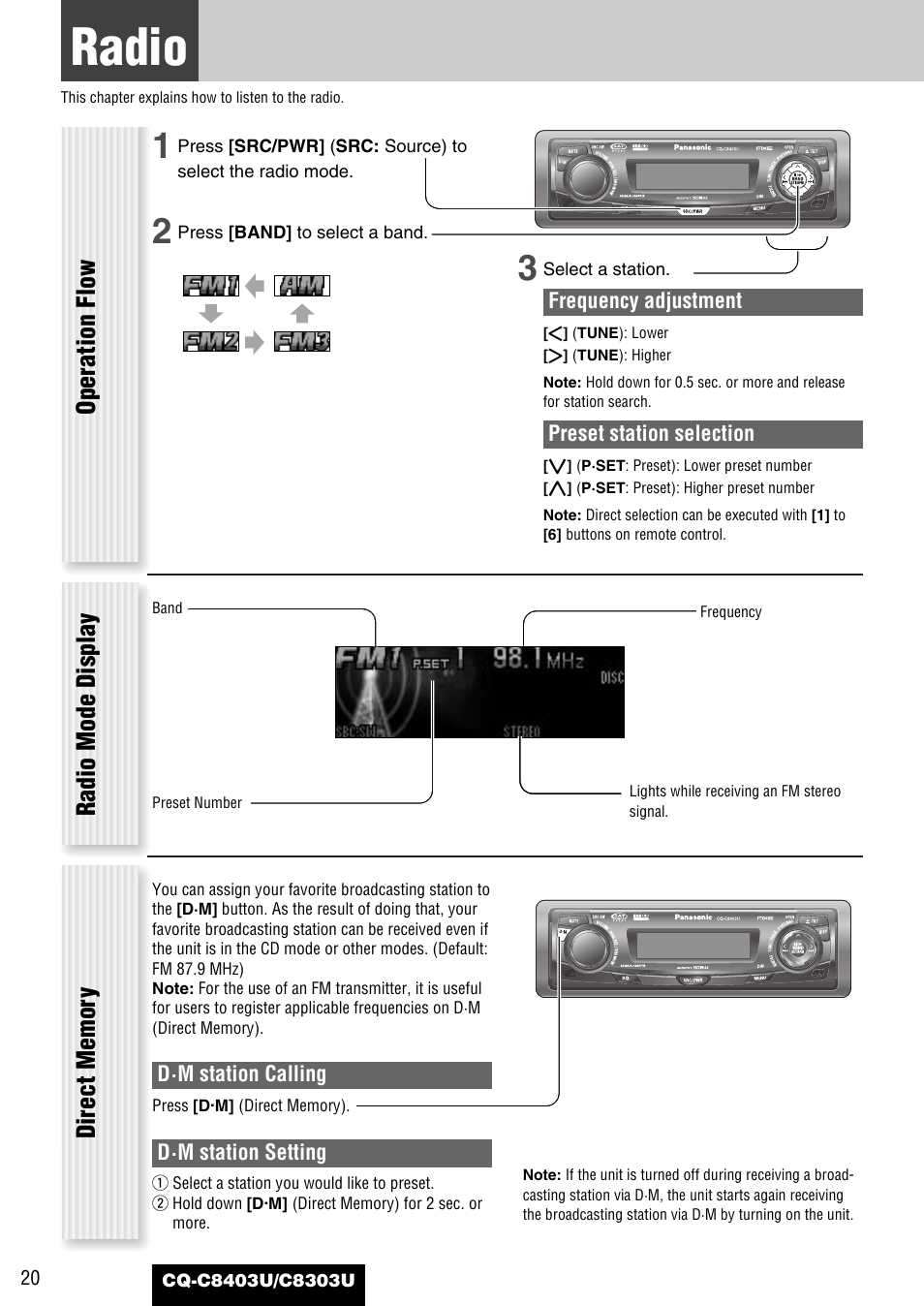 Each source, Radio, Radio mode display operation flow | Panasonic CQ-C8403U User Manual | Page 20 / 114
