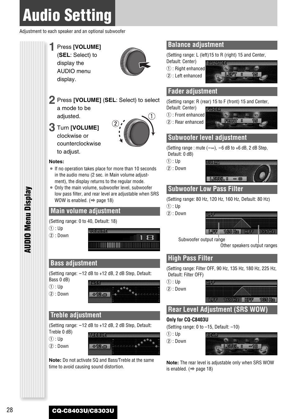 As needed, Audio setting, Audio menu display | Panasonic CQ-C8403U User Manual | Page 28 / 114