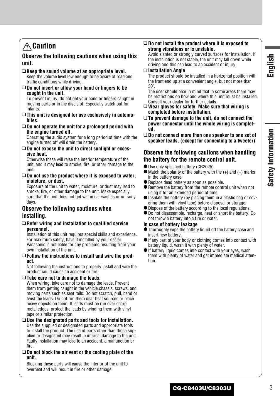 English, Safety information, Caution | Panasonic CQ-C8403U User Manual | Page 3 / 114