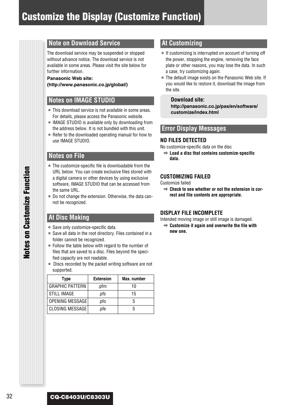 Customize the display (customize function), At disc making, At customizing | Error display messages | Panasonic CQ-C8403U User Manual | Page 32 / 114