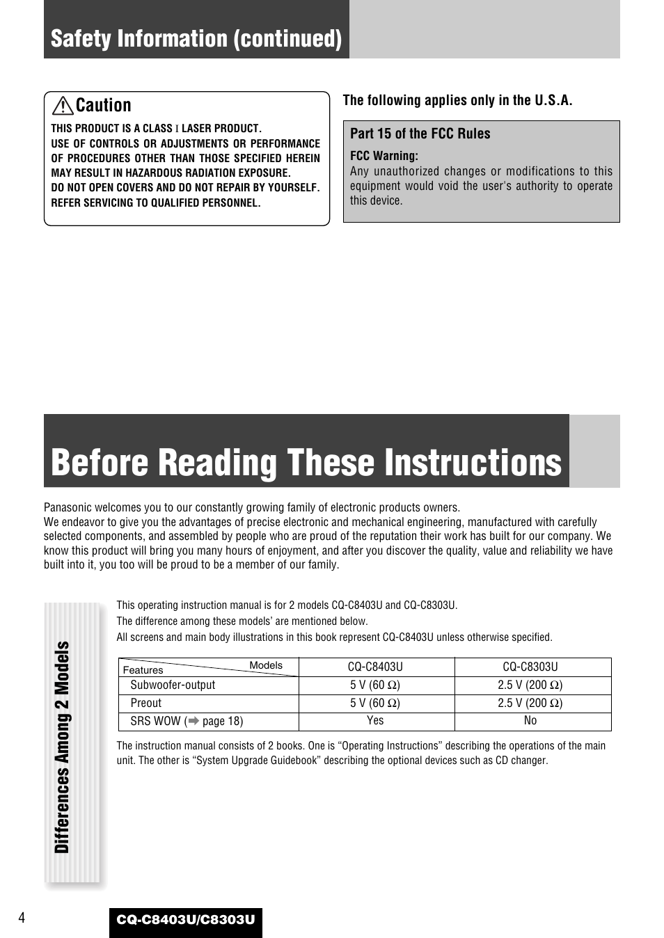 Before reading these instructions, Safety information (continued), Caution | Differences among 2 models | Panasonic CQ-C8403U User Manual | Page 4 / 114