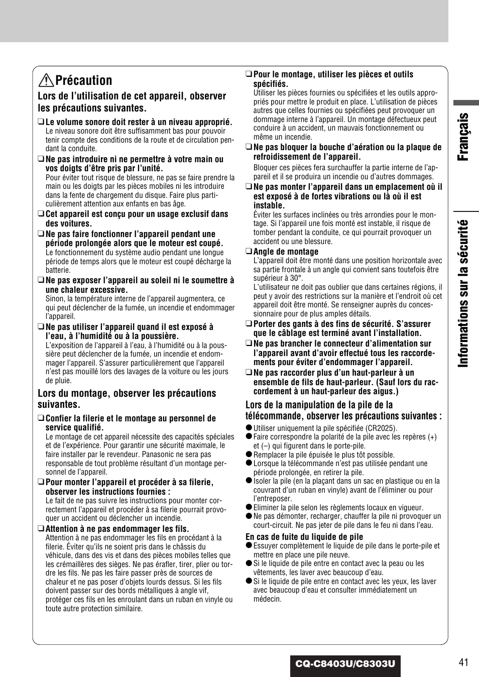 Français, Informations sur la sécurité précaution | Panasonic CQ-C8403U User Manual | Page 41 / 114