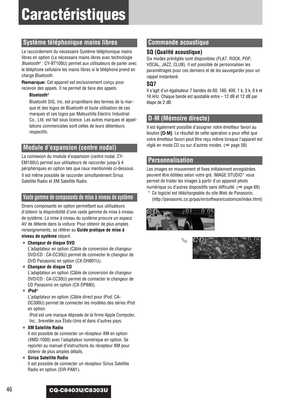 Caracteristiques, Caractéristiques, Système téléphonique mains libres | Module d’expansion (centre nodal), Commande acoustique, D·m (mémoire directe), Personnalisation | Panasonic CQ-C8403U User Manual | Page 46 / 114