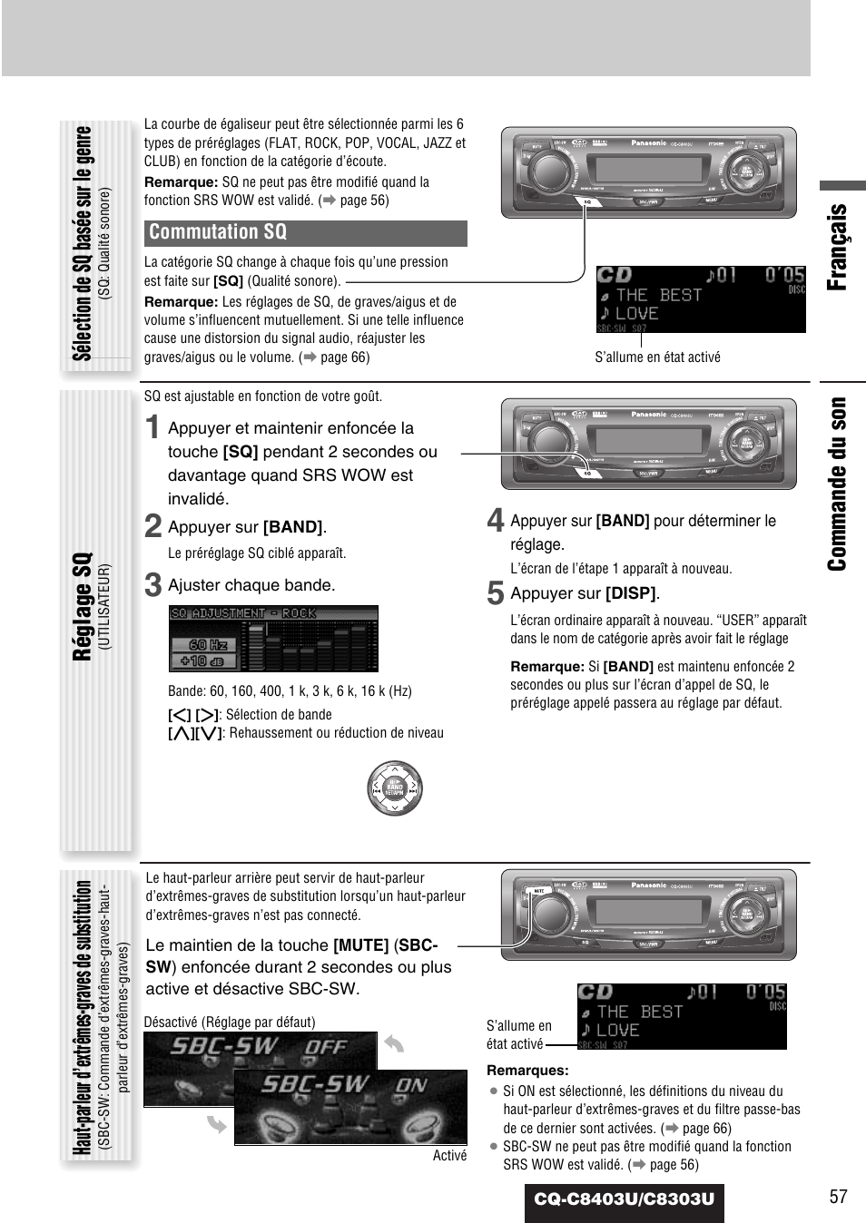 Français, Commande du son, Sélection de sq basée sur le genre | Réglage sq, Haut-parleur d’extrêmes-graves de substitution | Panasonic CQ-C8403U User Manual | Page 57 / 114