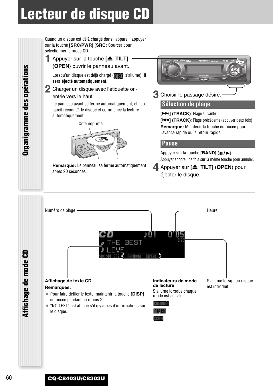 Lecteur de disque cd, Organigramme des opérations affichage de mode cd | Panasonic CQ-C8403U User Manual | Page 60 / 114