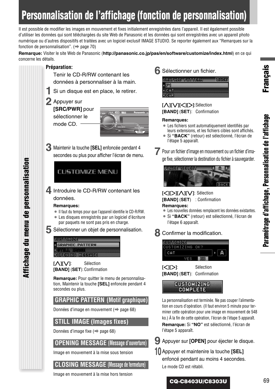 Personnalisation de l'affichage, Français, Affichage du menu de personnalisation | Panasonic CQ-C8403U User Manual | Page 69 / 114