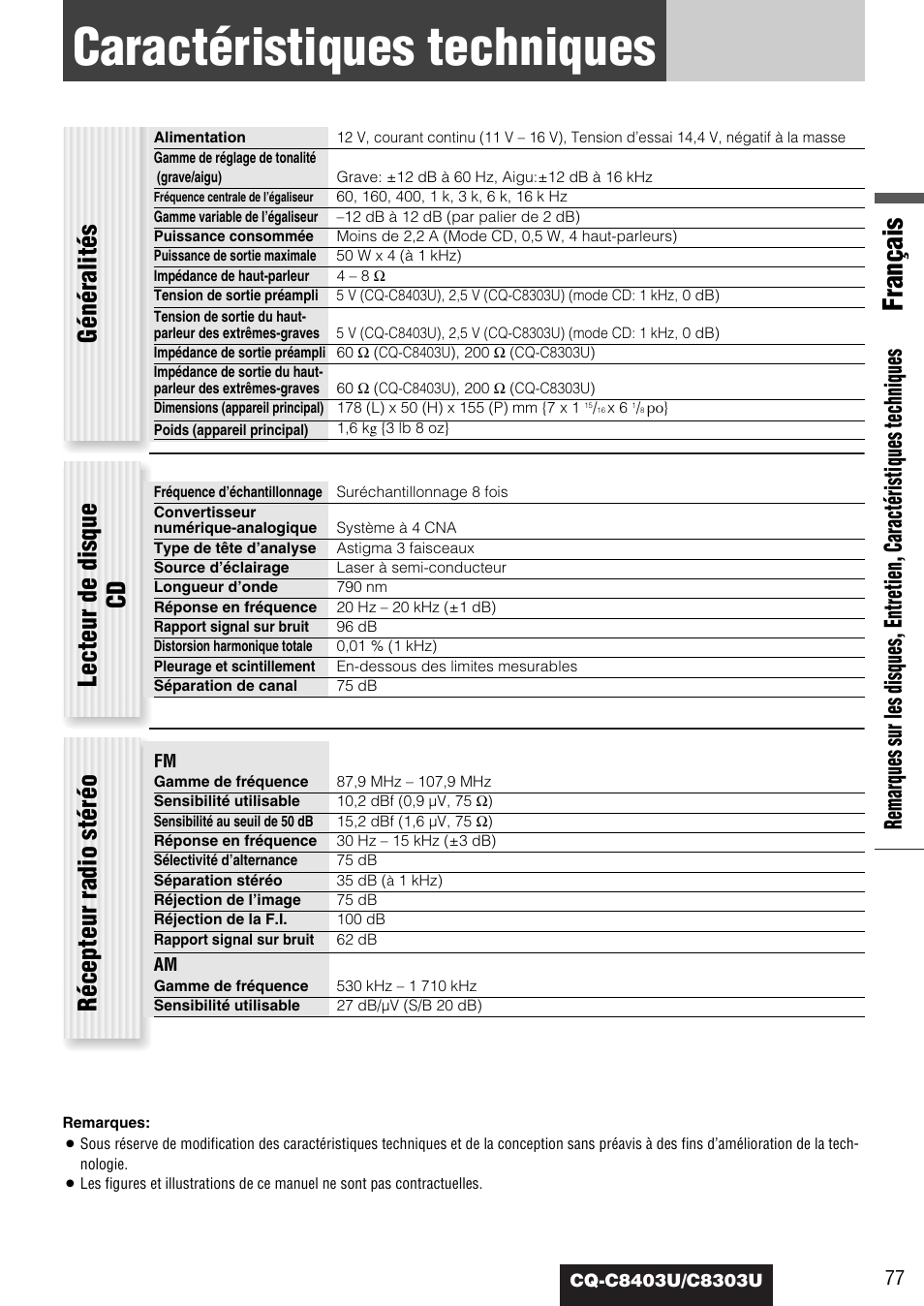 Caracteristiques techniques, Caractéristiques techniques, Français | Généralités, Lecteur de disque cd, Récepteur radio stéréo | Panasonic CQ-C8403U User Manual | Page 77 / 114