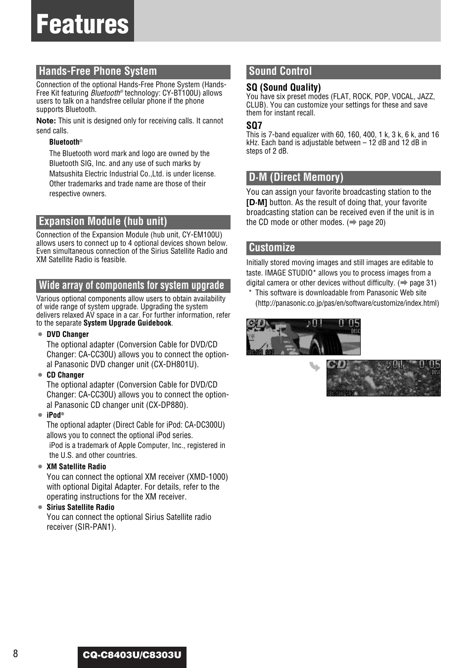 Features, Hands-free phone system, Expansion module (hub unit) | Wide array of components for system upgrade, Sound control, Customize | Panasonic CQ-C8403U User Manual | Page 8 / 114