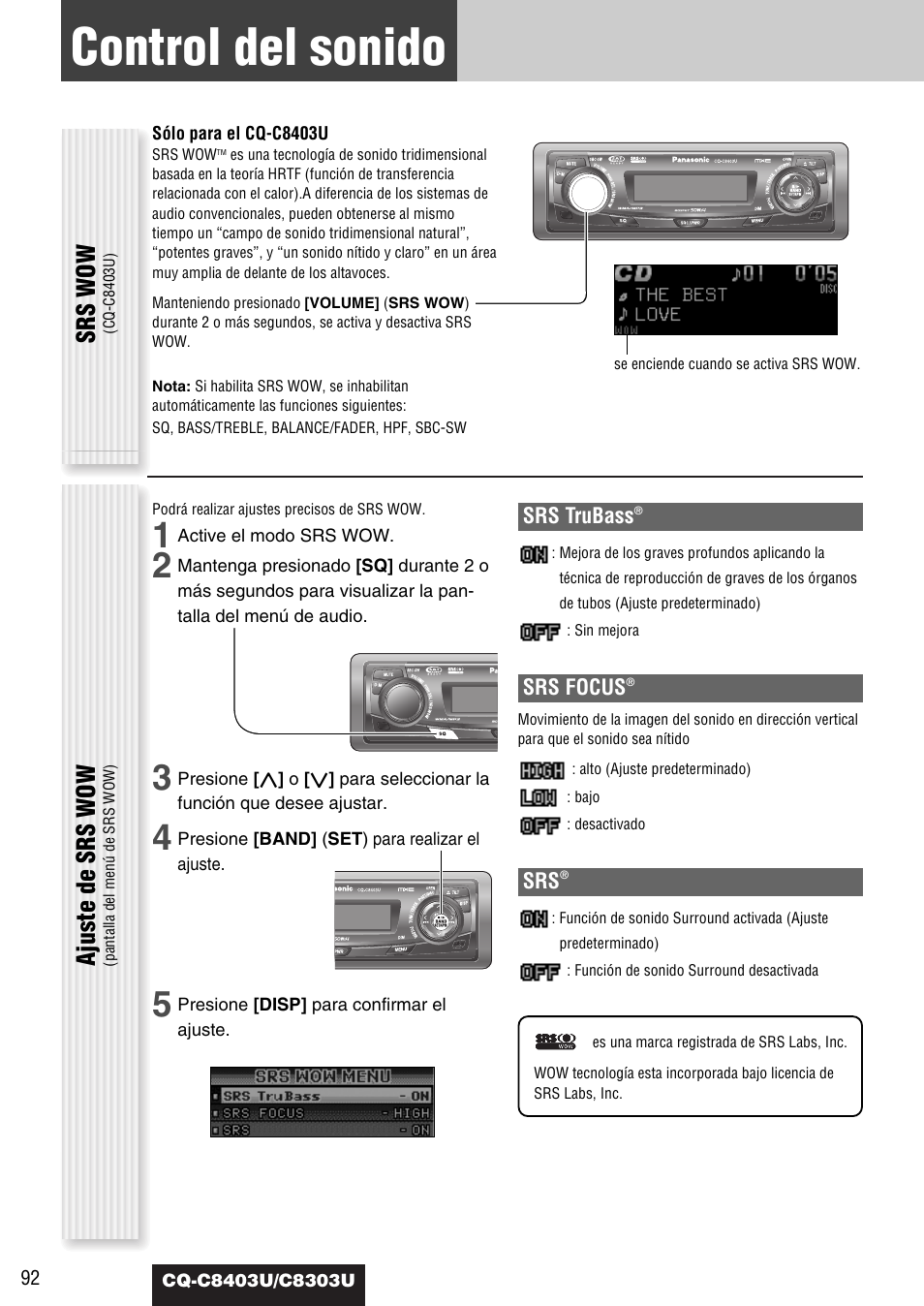 Control del sonido, Srs wow, Ajuste de srs wow | Panasonic CQ-C8403U User Manual | Page 92 / 114