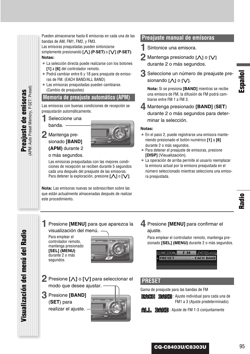 Español, Radio, Preajuste de emisoras | Visualización del menú del radio | Panasonic CQ-C8403U User Manual | Page 95 / 114