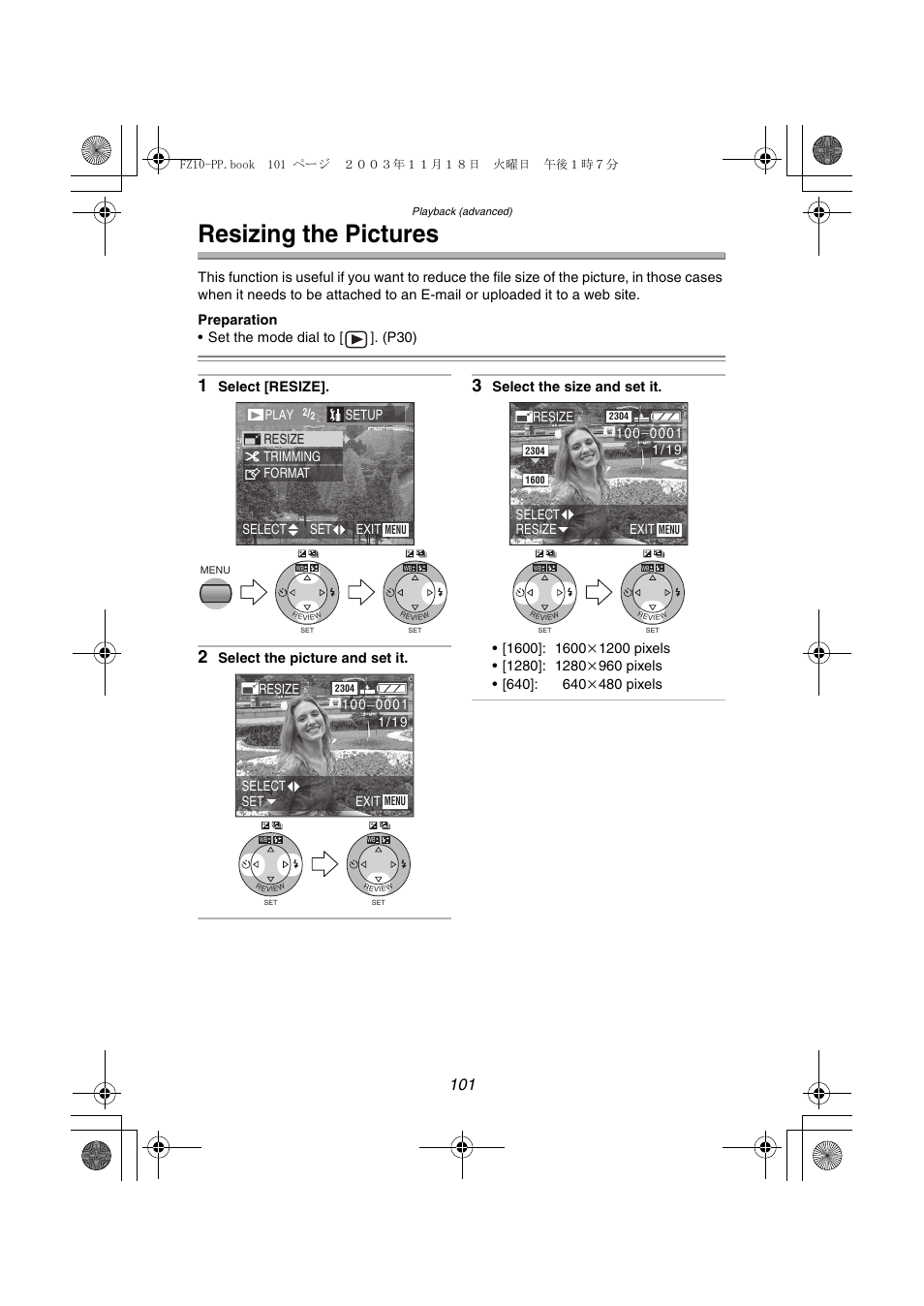 Resizing the pictures | Panasonic DMC-FZ10PP User Manual | Page 101 / 144