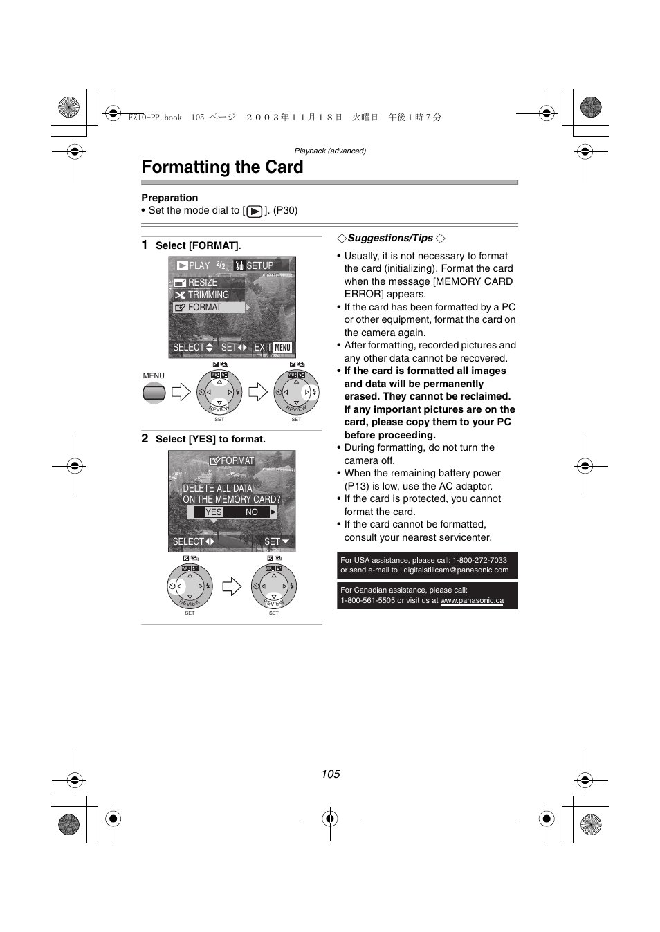 Formatting the card | Panasonic DMC-FZ10PP User Manual | Page 105 / 144