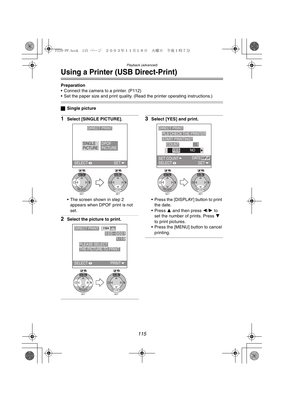 Using a printer (usb direct-print) | Panasonic DMC-FZ10PP User Manual | Page 115 / 144