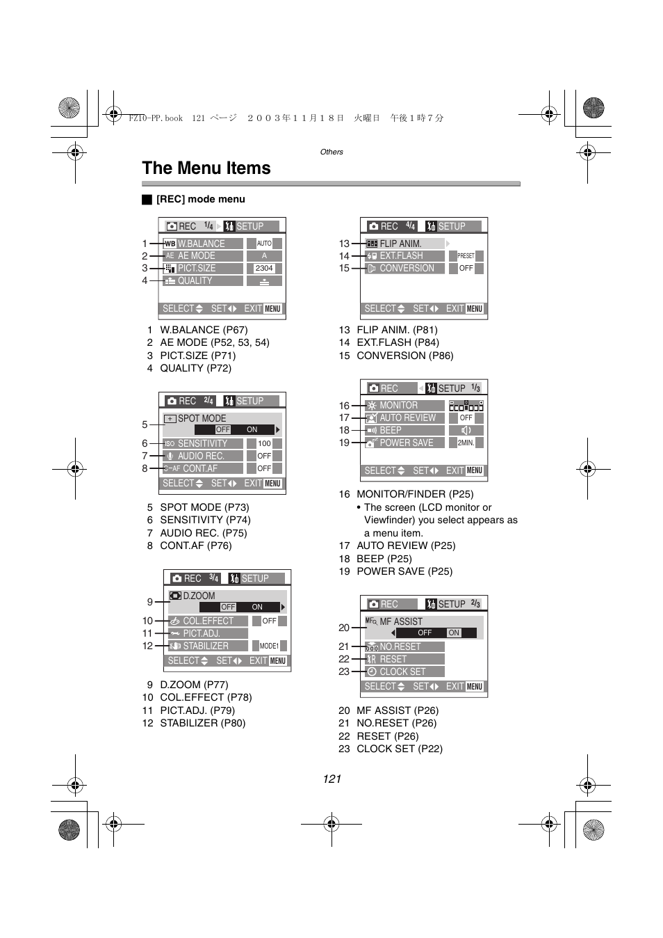 The menu items | Panasonic DMC-FZ10PP User Manual | Page 121 / 144