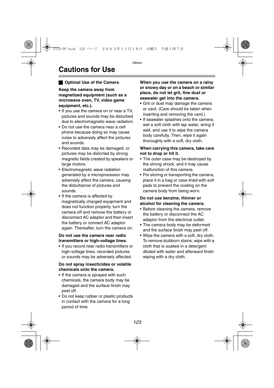 Cautions for use | Panasonic DMC-FZ10PP User Manual | Page 123 / 144