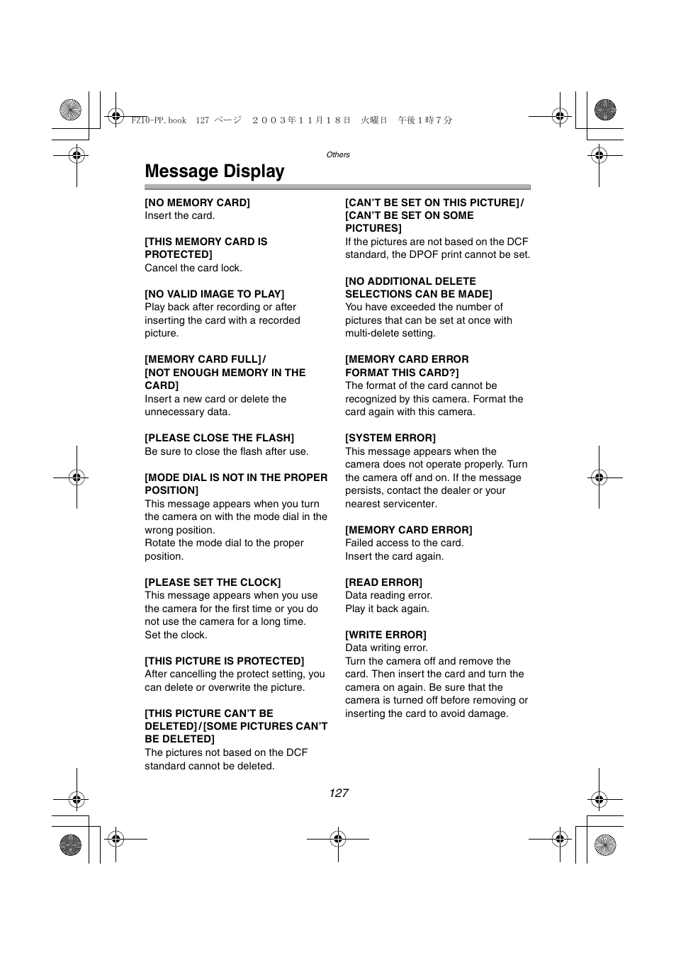 Message display | Panasonic DMC-FZ10PP User Manual | Page 127 / 144