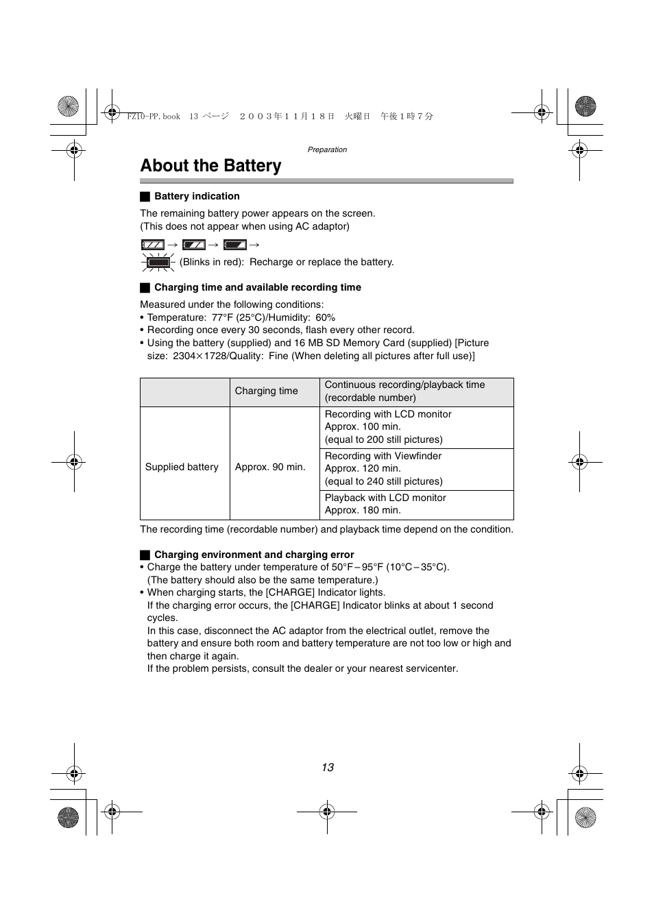 About the battery | Panasonic DMC-FZ10PP User Manual | Page 13 / 144