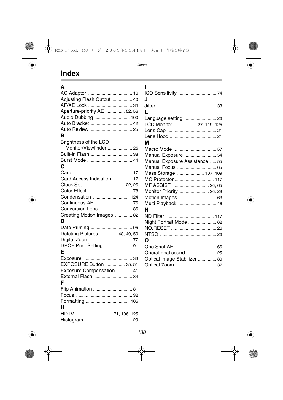 Index | Panasonic DMC-FZ10PP User Manual | Page 138 / 144
