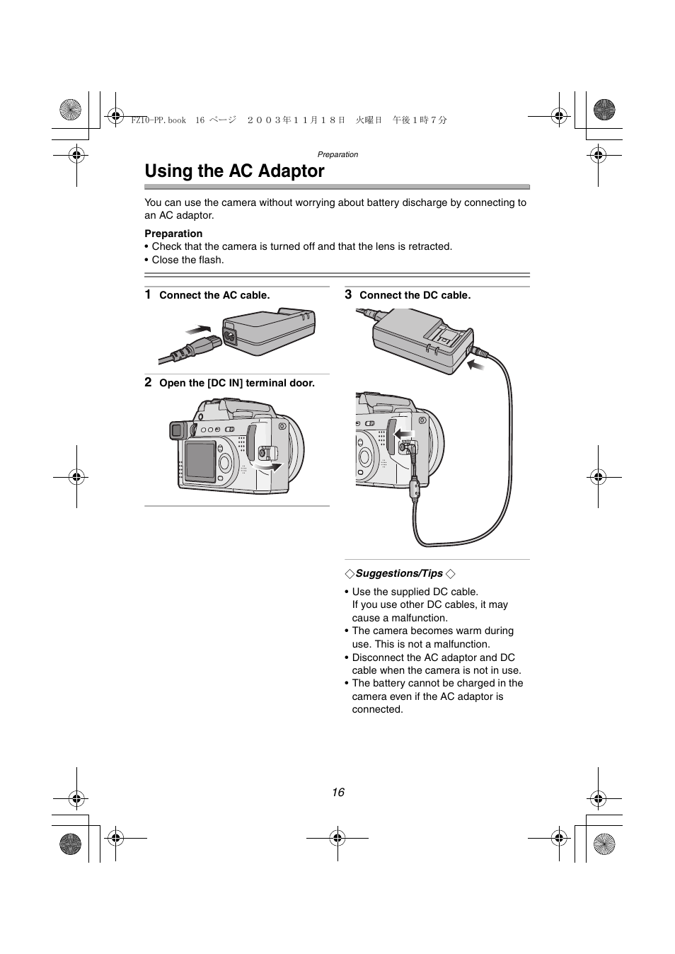 Using the ac adaptor | Panasonic DMC-FZ10PP User Manual | Page 16 / 144