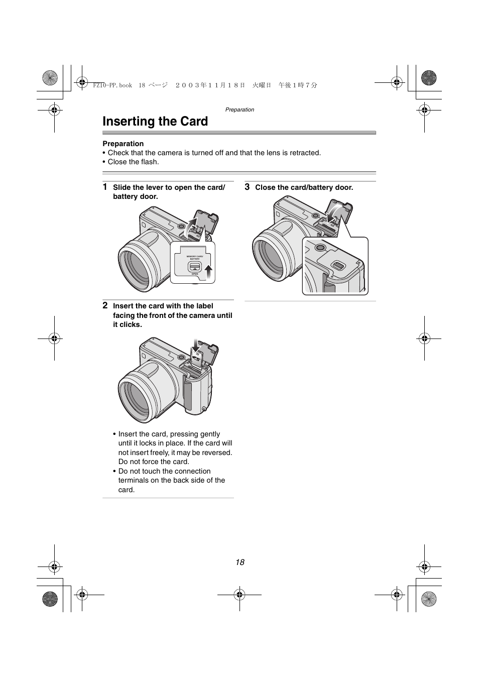 Inserting the card | Panasonic DMC-FZ10PP User Manual | Page 18 / 144